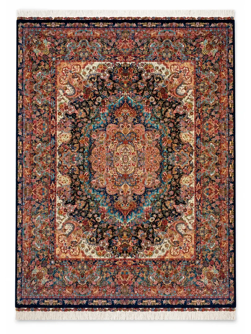 فرش دست بافت 12 متری تبریز 300*400 مستطیل سالاری لچک بوته 70 رج کرک و ابریشم مشکی 30 کیلو کلاسیک