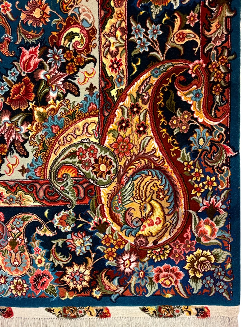 فرش دست بافت 9 متری مشهد 250*350 مستطیل سالاری لچک بوته 30 رج پشم و ابریشم آبی / سرمه ایی 15 کیلو کلاسیک - تصویر 2