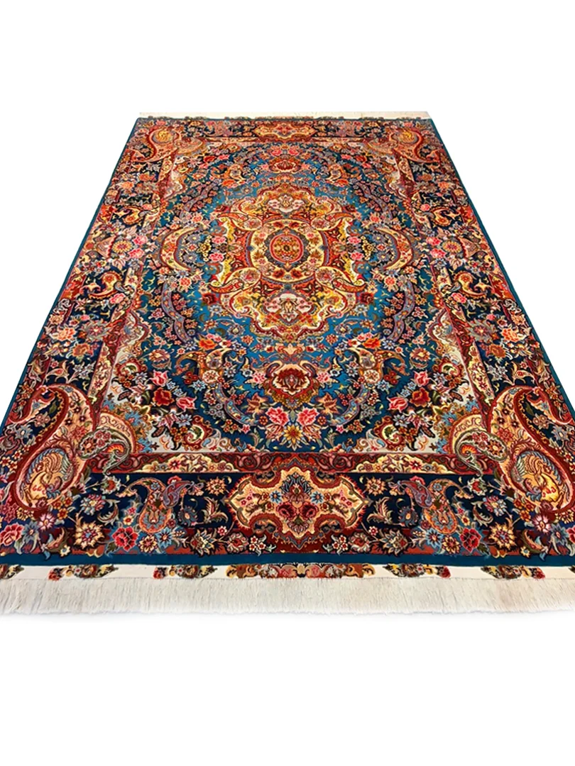 فرش دست بافت 9 متری مشهد 250*350 مستطیل سالاری لچک بوته 30 رج پشم و ابریشم آبی / سرمه ایی 15 کیلو کلاسیک - تصویر 4