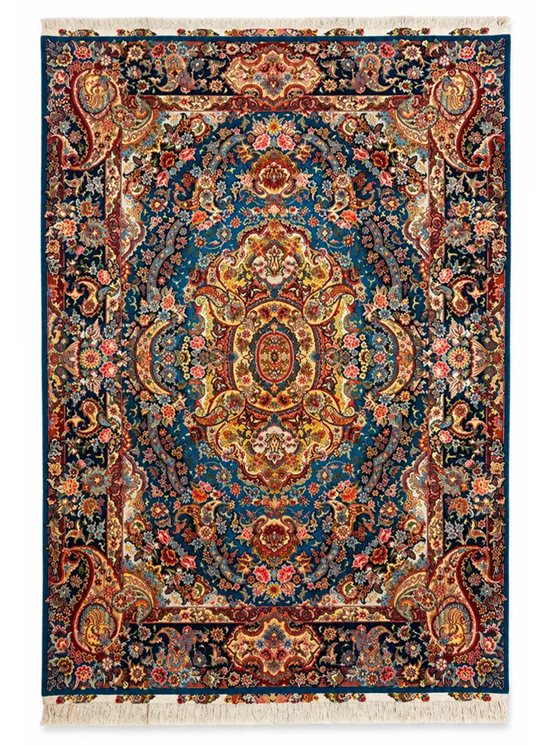 فرش دست بافت 9 متری مشهد 250*350 مستطیل سالاری لچک بوته 30 رج پشم و ابریشم آبی / سرمه ایی 15 کیلو کلاسیک