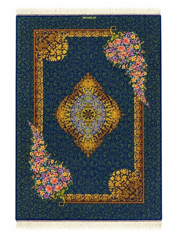 فرش دست بافت 1.5 متری قم 100*150 مستطیل کف ساده صادق زاده 80 رج تمام ابریشم الوان 2 کیلو کلاسیک