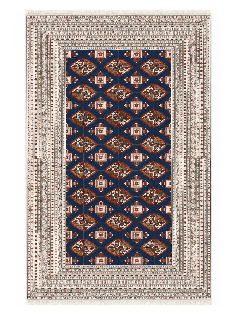 فرش دست بافت 3 متری ترکمن 150*200 مستطیل هندسی 30 رج پشم آبی / سرمه ایی 3 کیلو سنتی