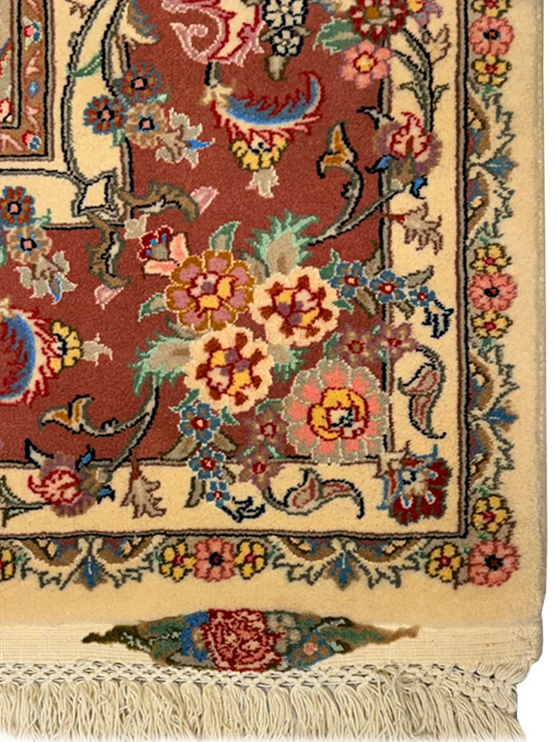 فرش دست بافت 9 متری مشهد 250*350 مستطیل طرح تبریز 40 رج پشم و ابریشم کرم / بژ 15 کیلو کلاسیک - تصویر 4