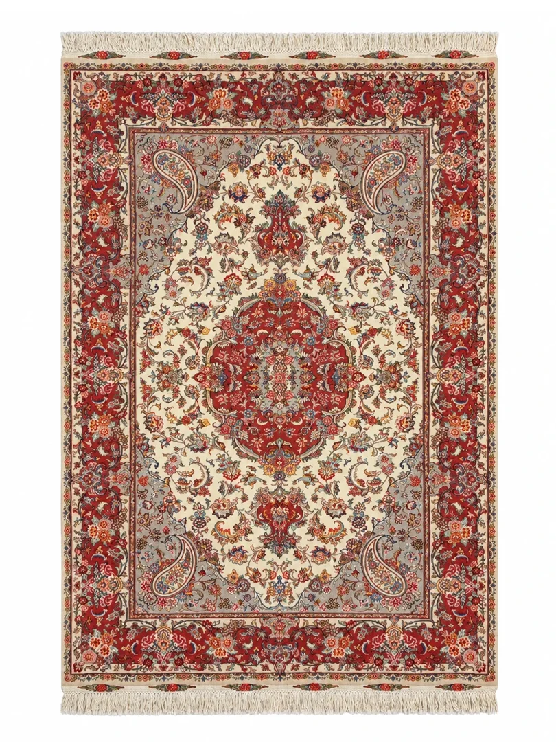 فرش دست بافت 9 متری مشهد 250*350 مستطیل طرح تبریز 40 رج پشم و ابریشم کرم / بژ 15 کیلو کلاسیک