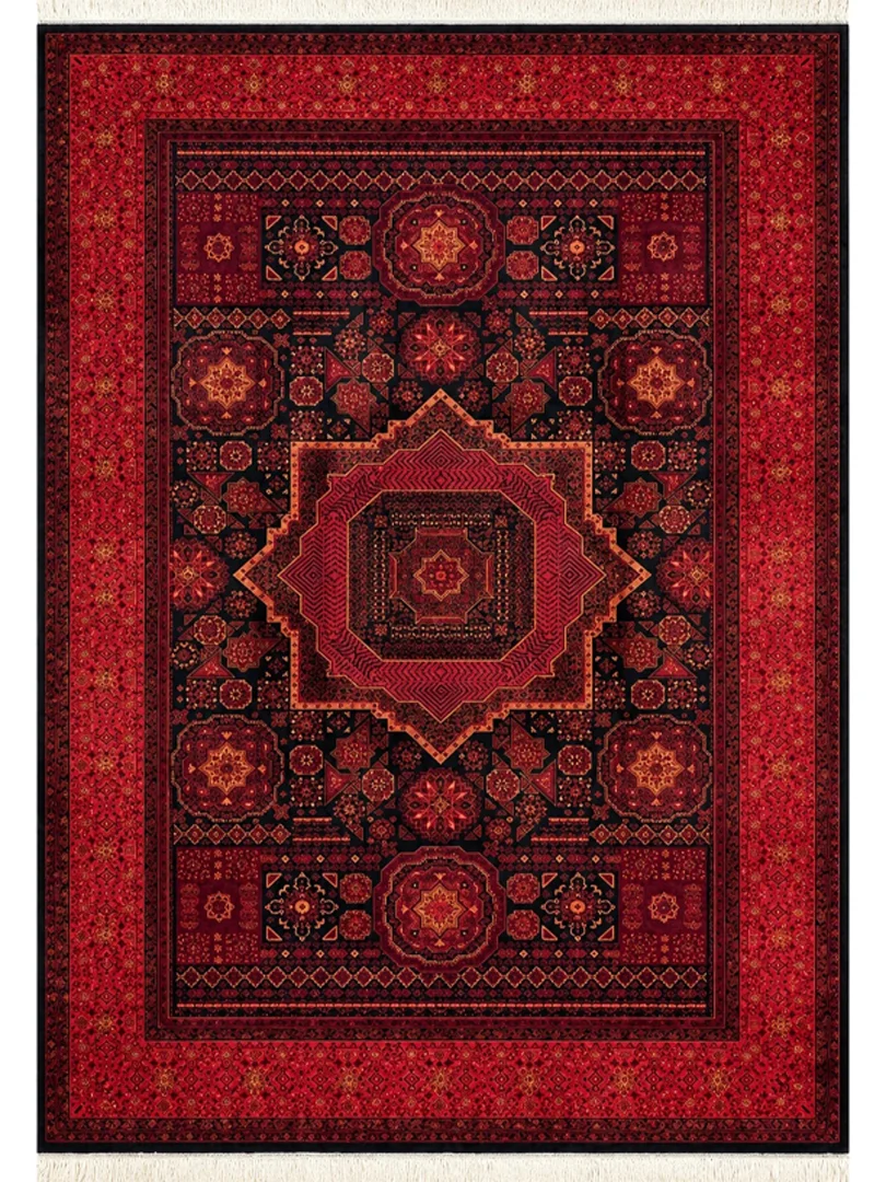 فرش ربات بافت 3 متری قم 200*300 مستطیل مملوک 70 رج ابریشم و بنبوسیلک مشکی 8 کیلو کلاسیک