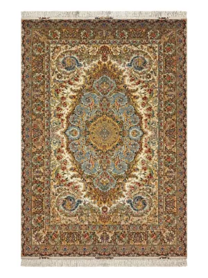 فرش دست بافت 6 متری تبریز 200*300 مستطیل نوین فر موج مهر 60 رج کرک و ابریشم کرم / بژ 15 کیلو کلاسیک