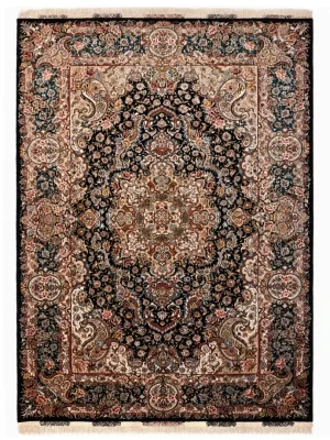 فرش دست بافت 6 متری تبریز 200*300 مستطیل سالاری باغ بهشت 55 رج کرک و ابریشم مشکی 12 کیلو کلاسیک