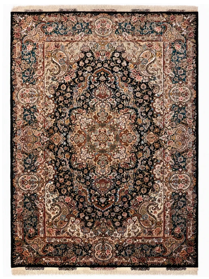 فرش دست بافت 6 متری تبریز 200*300 مستطیل سالاری باغ بهشت 55 رج کرک و ابریشم مشکی 12 کیلو کلاسیک