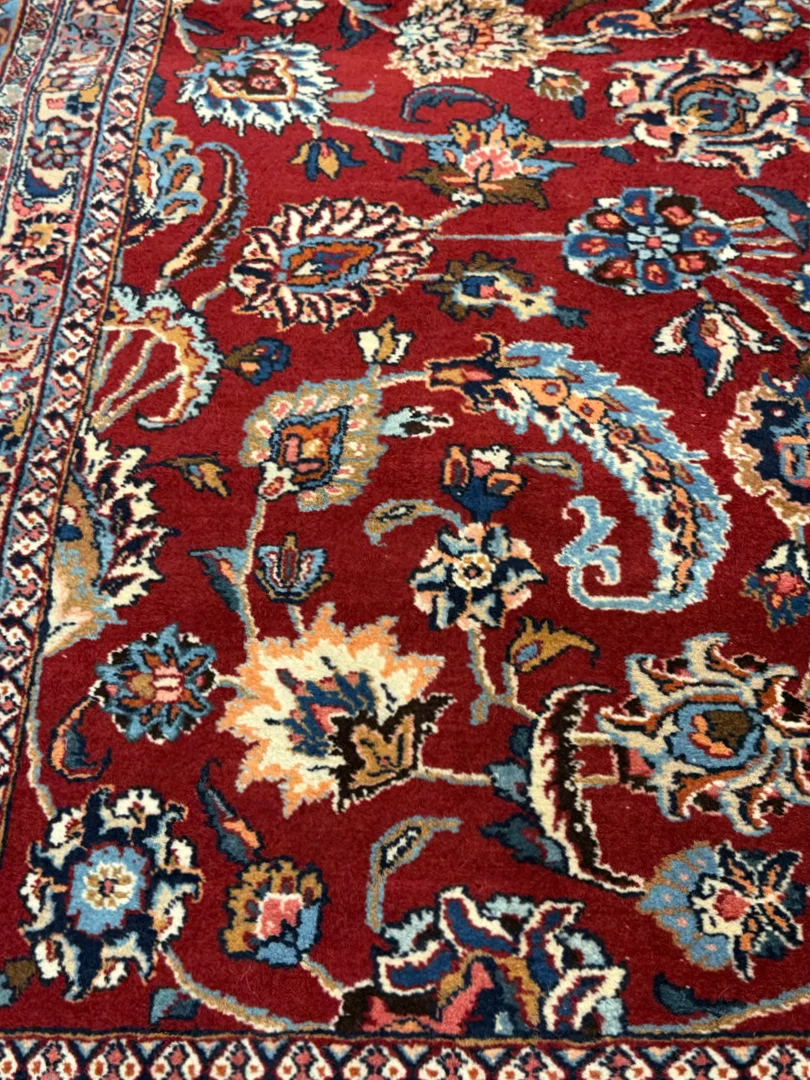 فرش دست بافت 12 متری مشهد 300*400 مستطیل افشان شاه عباسی 60 رج کرک براق قرمز / لاکی 25 کیلو کلاسیک - تصویر 6