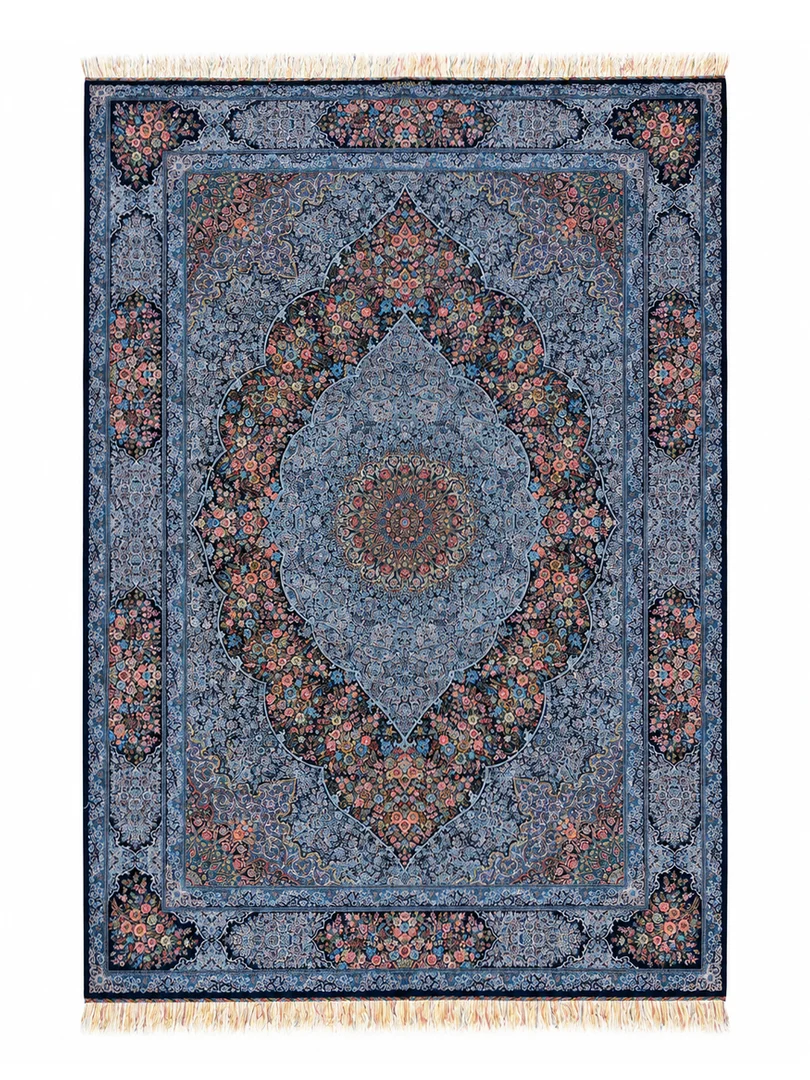 فرش دست بافت 6 متری قم 200*300 مستطیل کاظمی 90 رج تمام ابریشم مشکی 20 کیلو کلاسیک