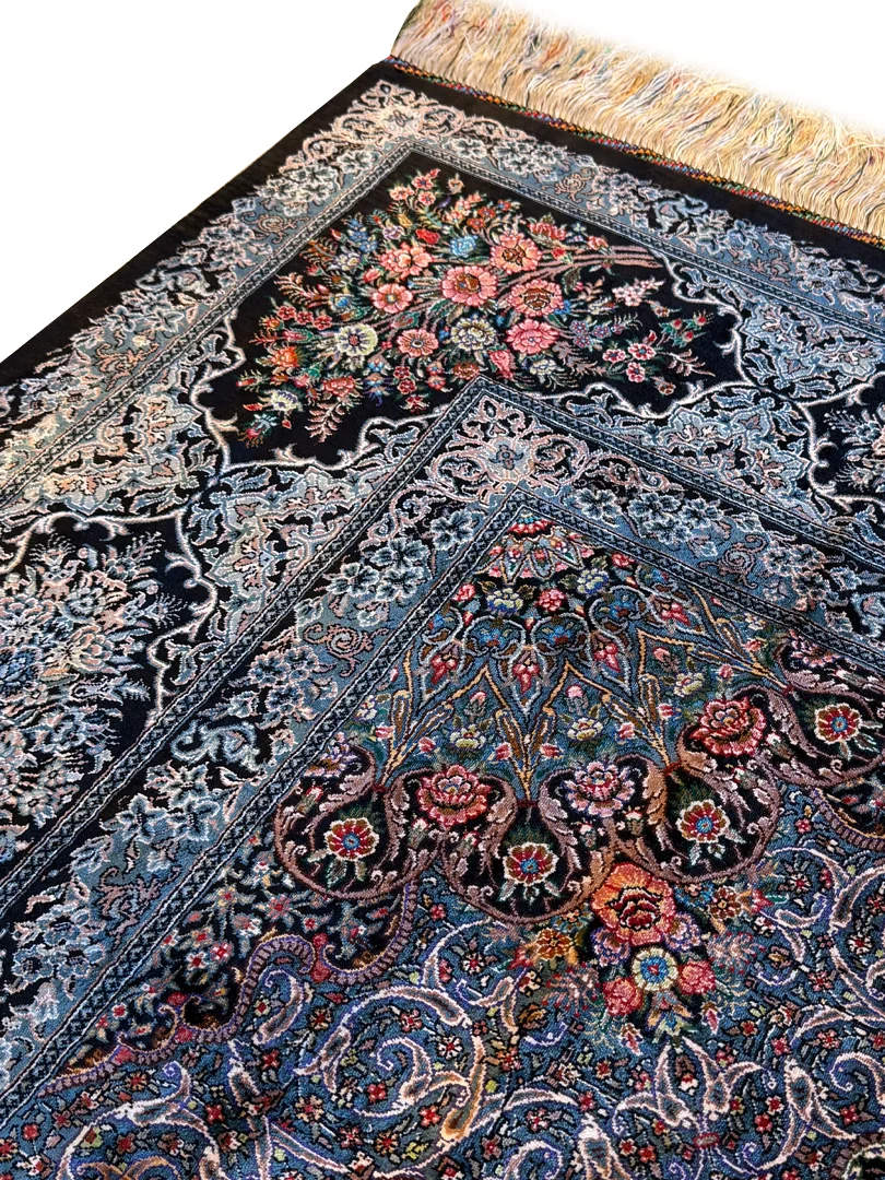 فرش دست بافت 6 متری قم 200*300 مستطیل کاظمی 90 رج تمام ابریشم مشکی 20 کیلو کلاسیک - تصویر 3