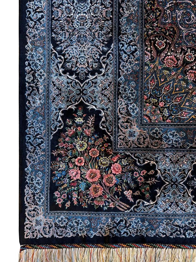 فرش دست بافت 6 متری قم 200*300 مستطیل کاظمی 90 رج تمام ابریشم مشکی 20 کیلو کلاسیک - تصویر 4