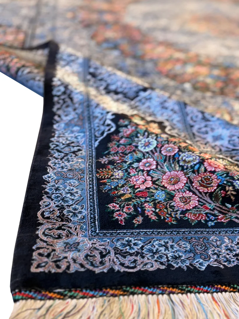 فرش دست بافت 6 متری قم 200*300 مستطیل کاظمی 90 رج تمام ابریشم مشکی 20 کیلو کلاسیک - تصویر 6