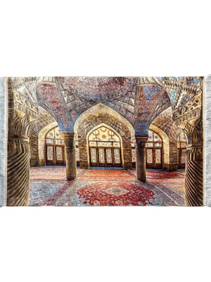 تابلو فرش ربات بافت 1.5 متری قم 100*150 مستطیل مسجد کبود 70 رج ابریشم و بنبوسیلک الوان کیلو1 کلاسیک